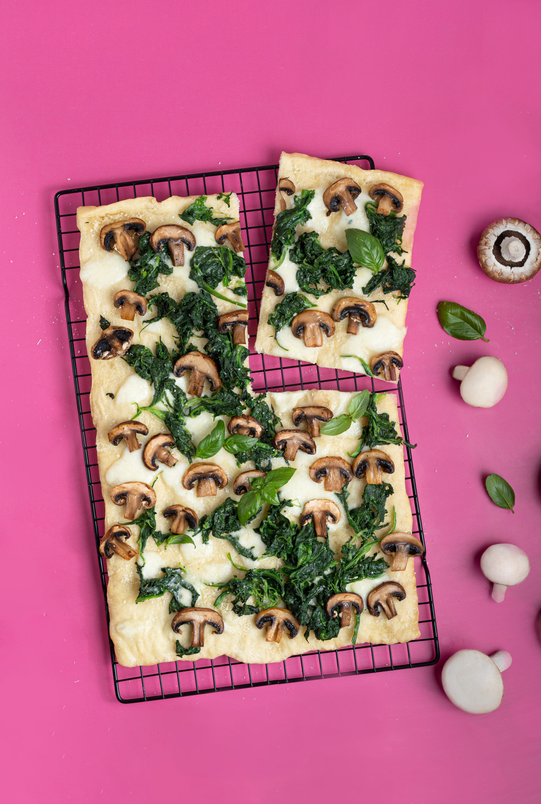 Pizza with Caramelized Onion, Mushroom, & Spinach - European Mushrooms