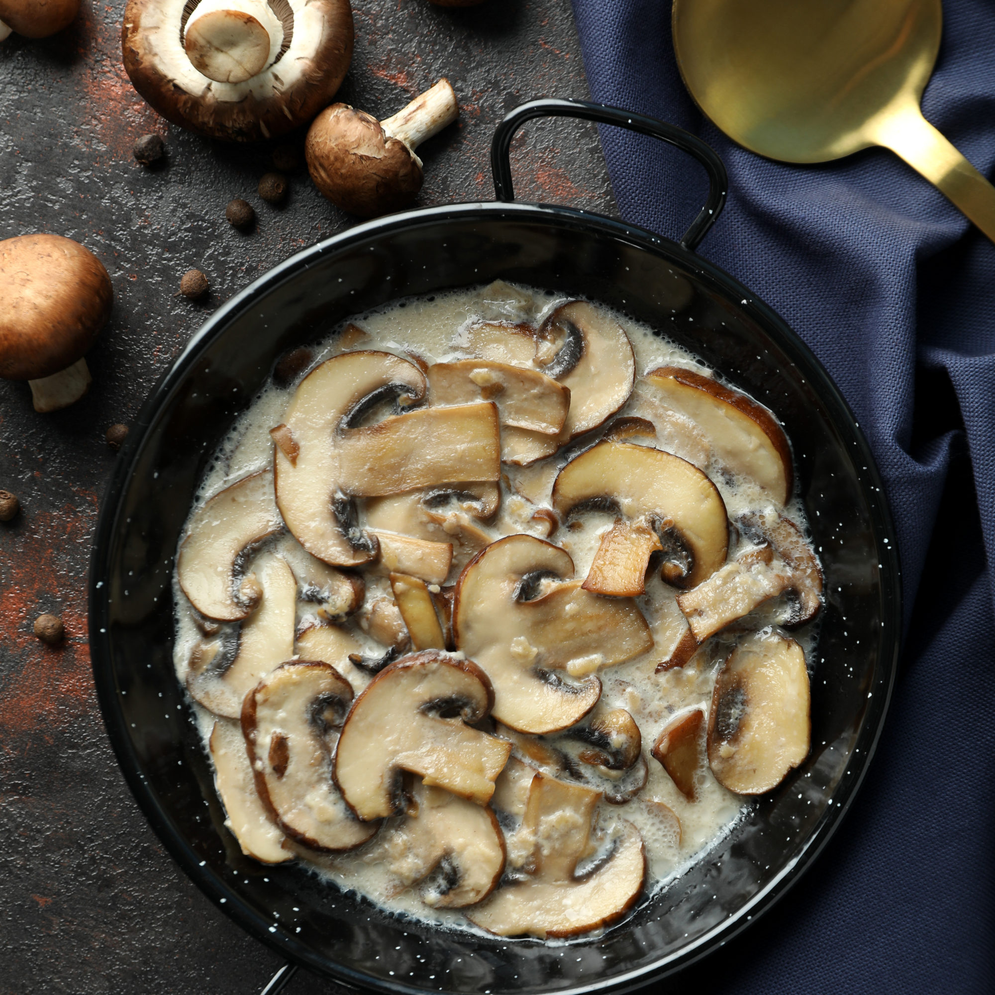 Concept of tasty food with mushroom sauce on dark textured backg