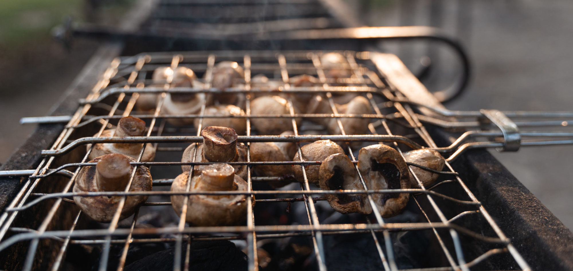 Close-up of grilled mushrooms champions in bbq grill net with hot coal underneath. Grilling cooking food outdoors in nature, simple food on weekend