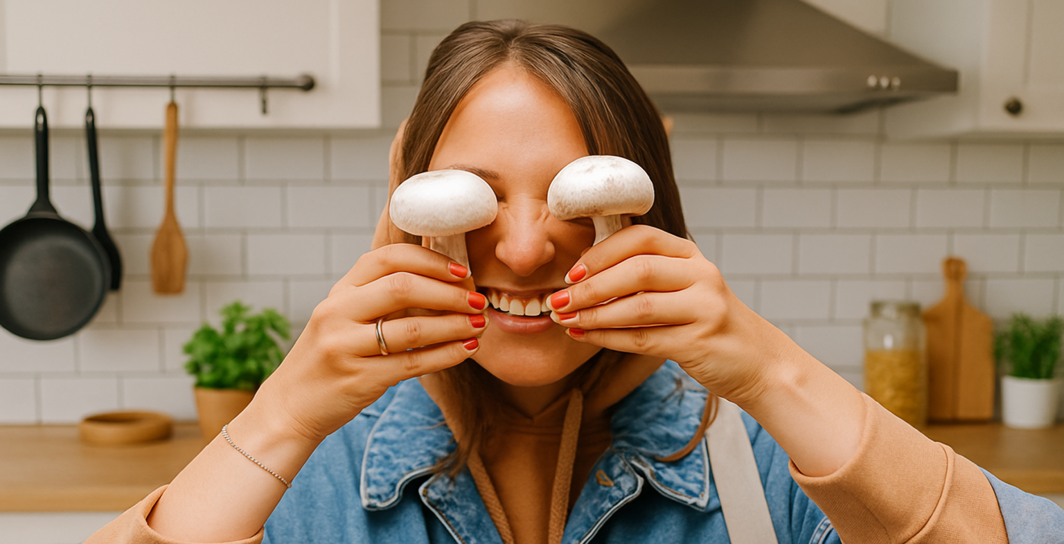 happy perso with button mushrooms
