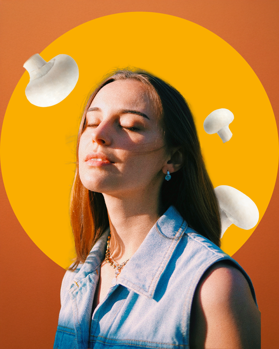 Happy person in the sun with mushrooms